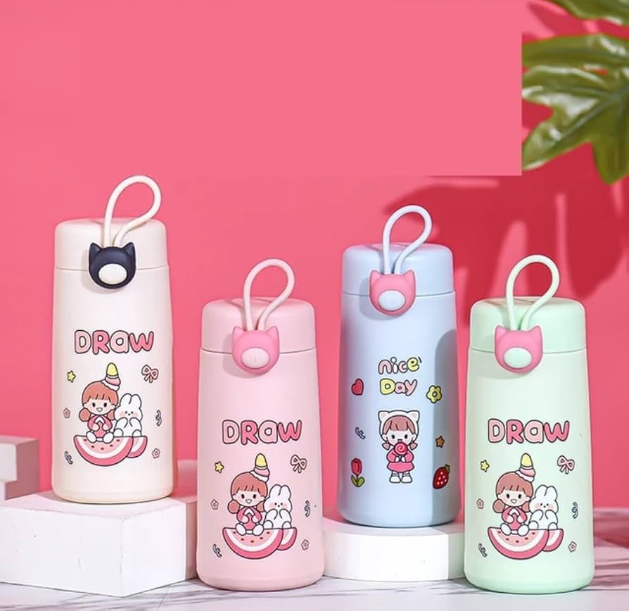 Cute Cartoon Glass Water Bottle with Cat Handle 300ml | Glass inside and Strong Plastic outside