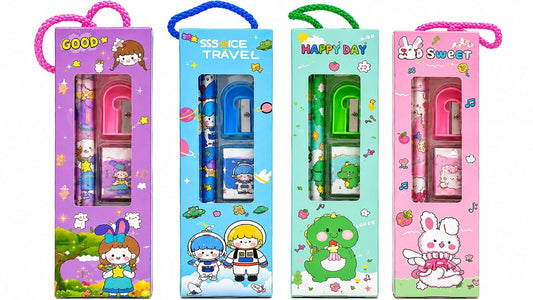 Four themed stationery gift packs with rope handles standing upright
