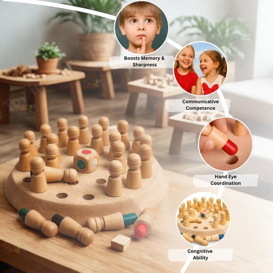 Wooden memory chess game on a table with learning benefit callouts