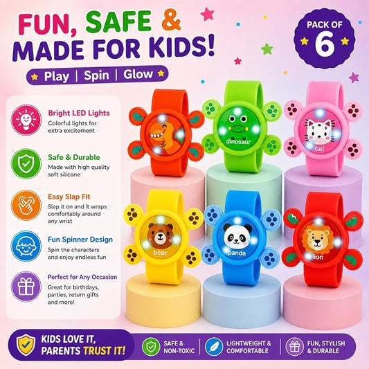 Feature graphic showing six LED slap spinner bracelets on colourful stands
