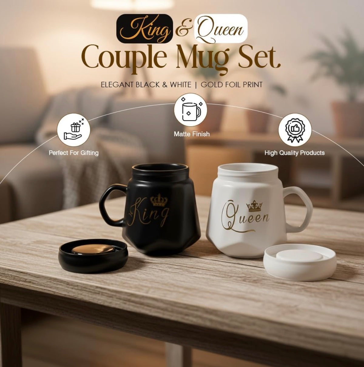 King & Queen Coffee Mug Set with Lid | Black & White Ceramic Couple Mug Combo | Royal Tea & Coffee Cups for Him & Her | Gift Set for Couples