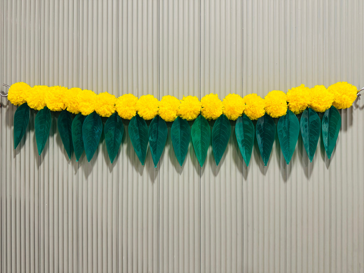 Toran Fabric Reusable Flowers Hanging Garlands with Mango Leaf (Yellow with Leaf)