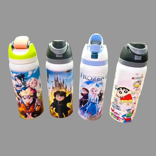 Four cartoon print 1000ml water bottles with flip straw lids on wood