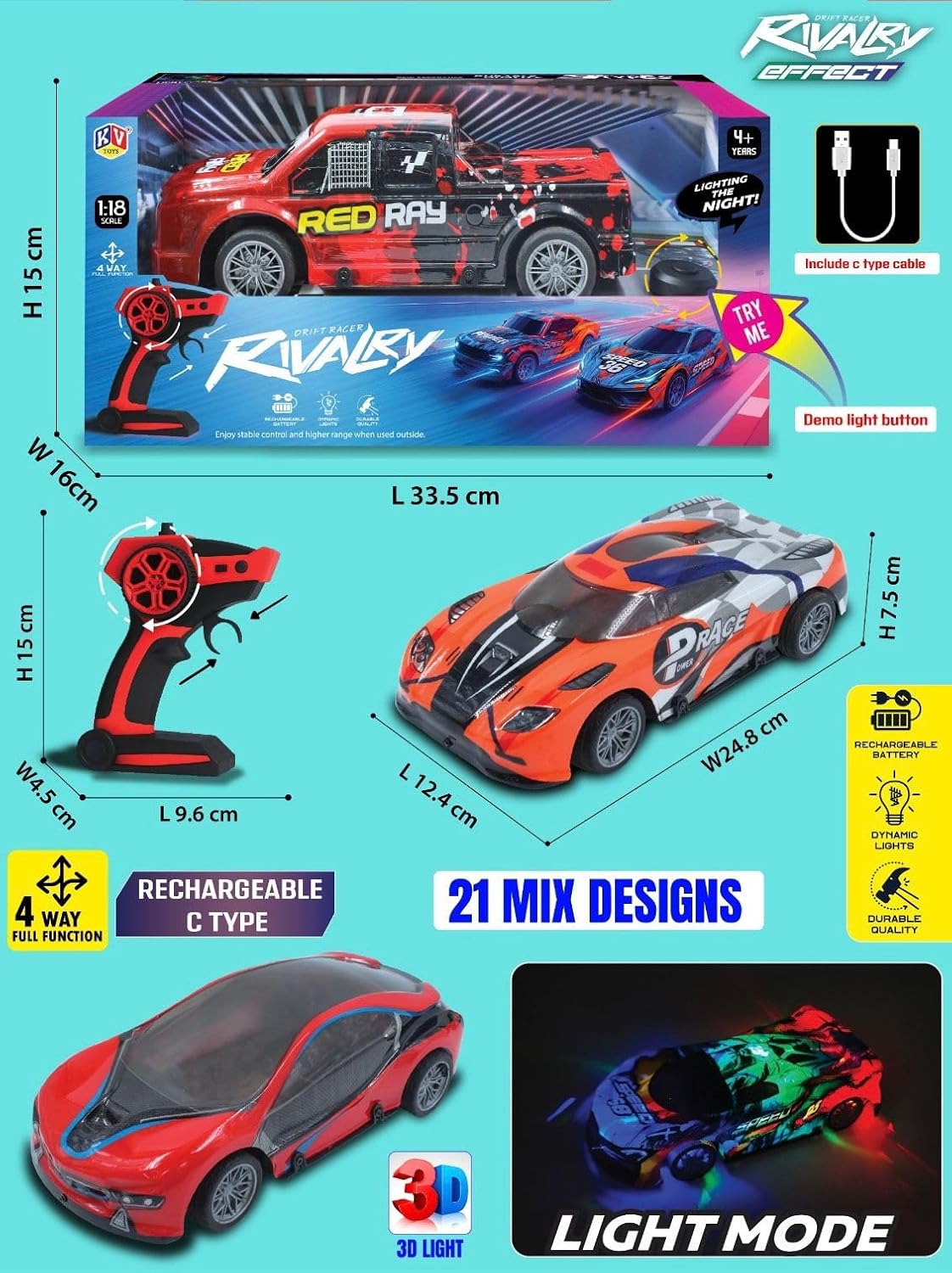 Rivalry Effect Rechargeable Remote Control Drift Racing Car | 4-Way RC Sports Car with LED Lights & Type-C Charging Cable