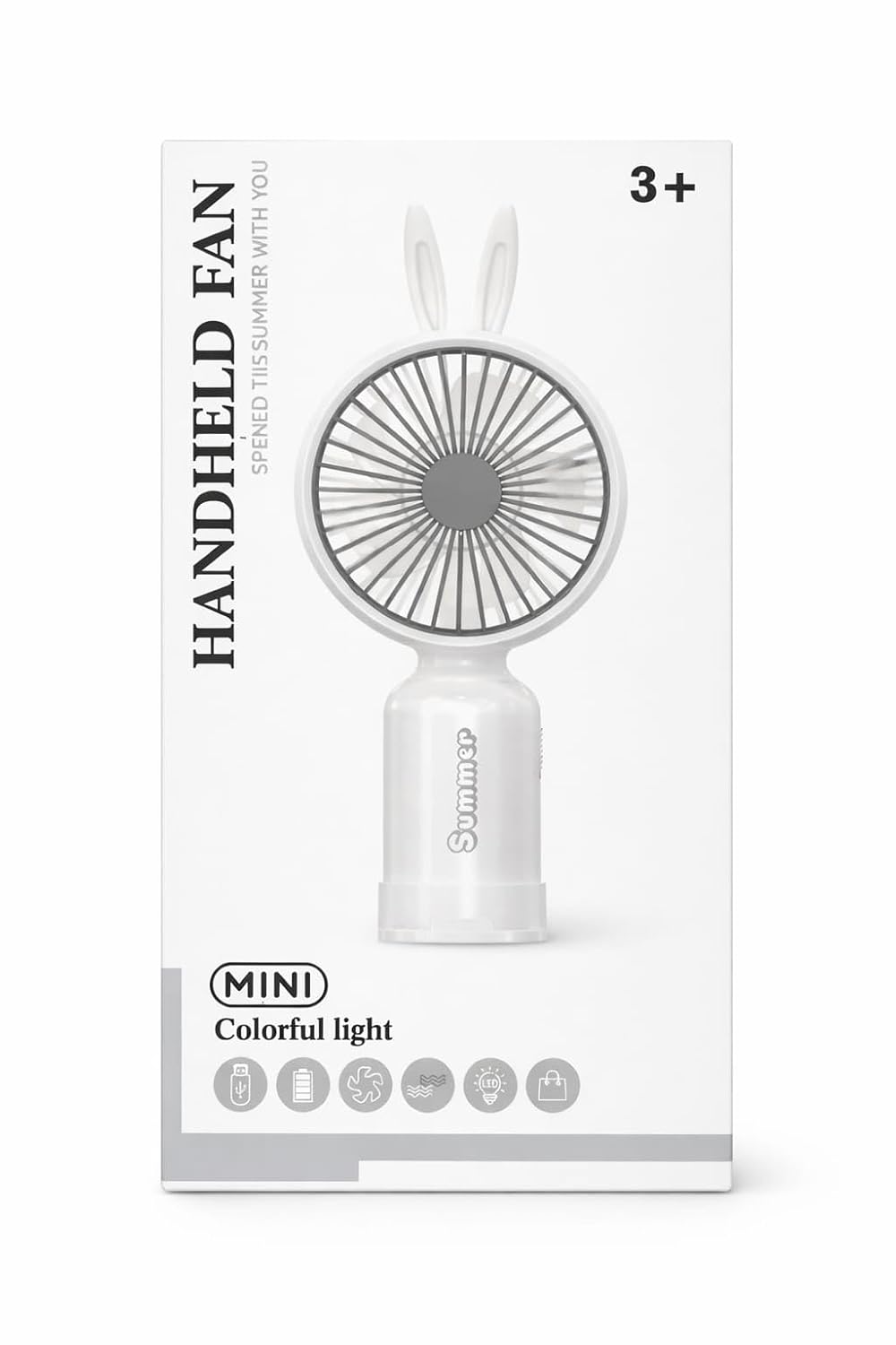 Handheld fan retail box showing the white bunny ear cooling fan