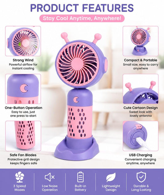 Mini Fan – Sweet Cartoon | USB Rechargeable Portable Handheld Fan for Kids