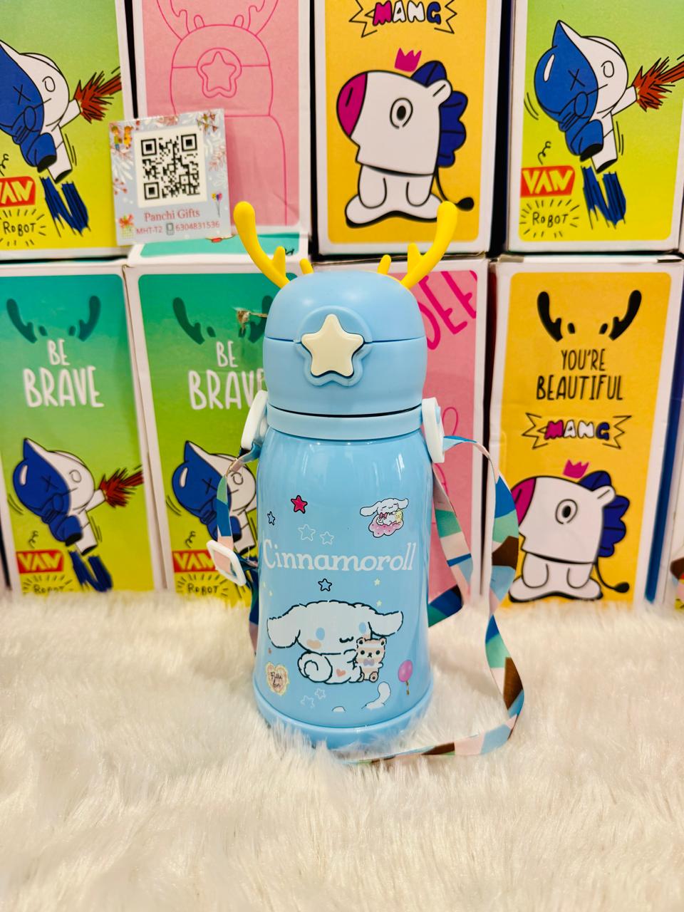 Blue Sanrio character insulated water bottle with carry strap