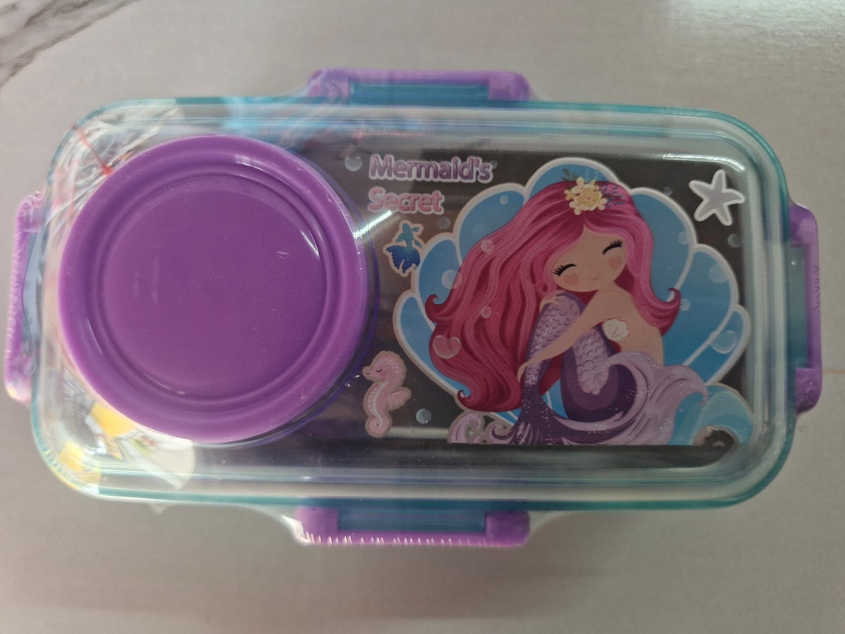 Blue lunch box with mermaid print and purple round sauce bowl