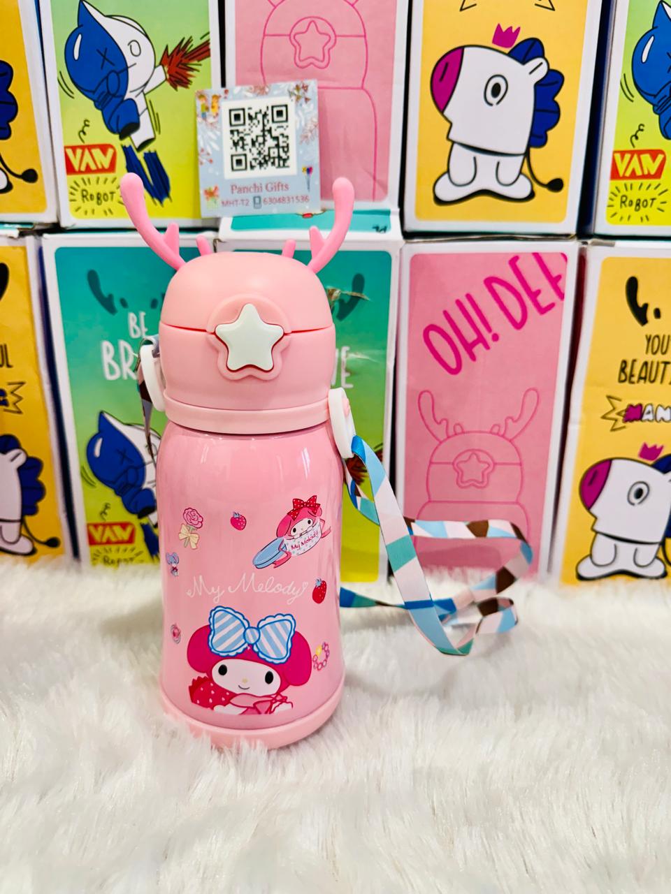 Pink Sanrio character water bottle with carry strap