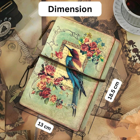 Vintage journal with bird and roses cover shown at 13 by 18.5 centimetres
