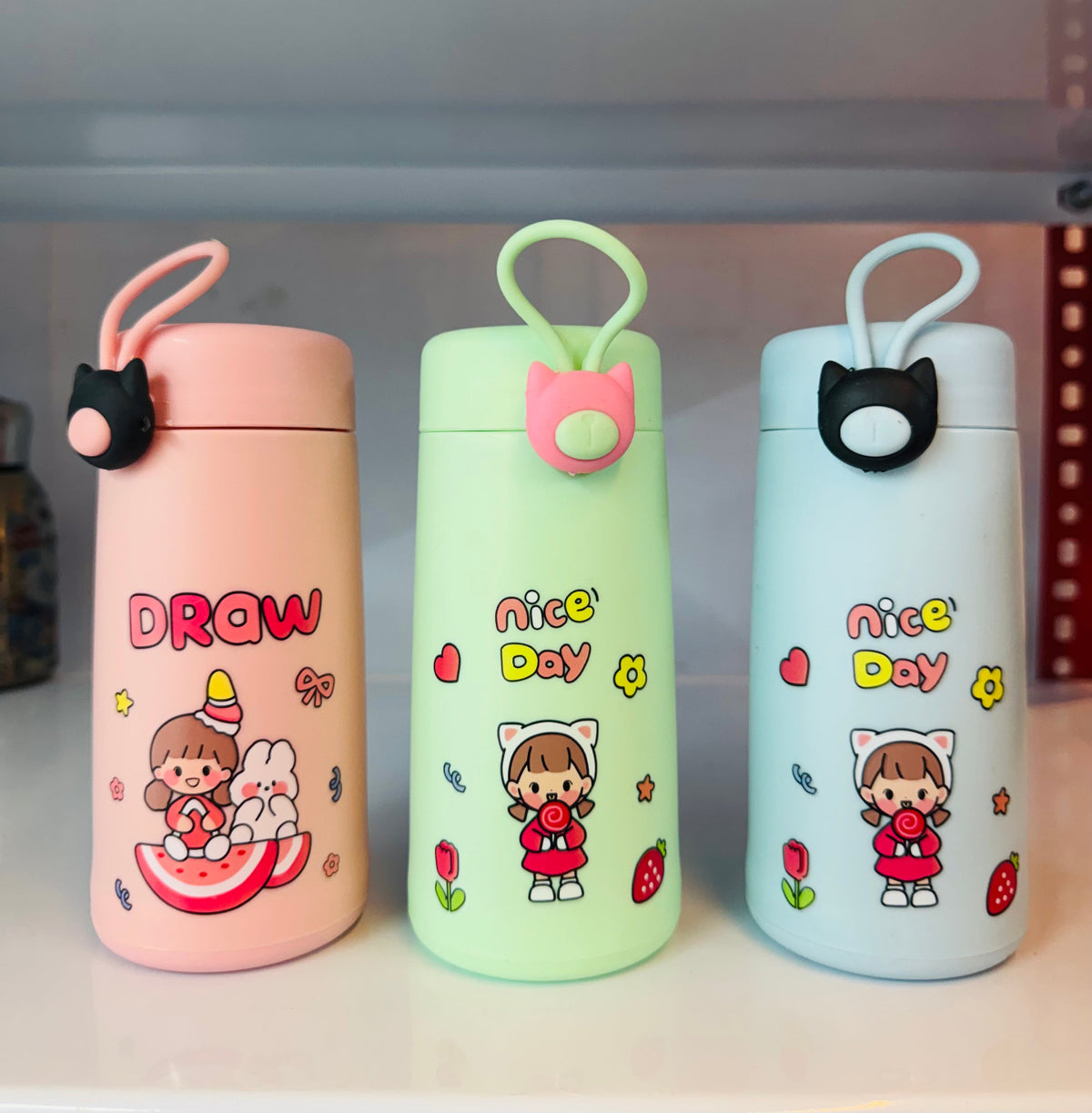 Cute cartoon glass water bottle with cat handle 300ml