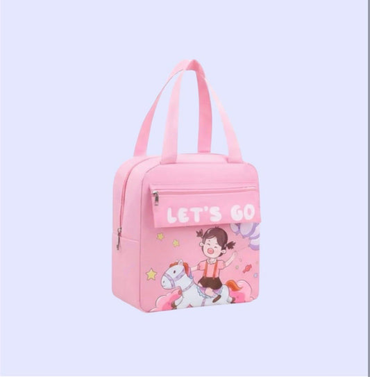 Pink insulated lunch bag with unicorn print and Let's Go slogan
