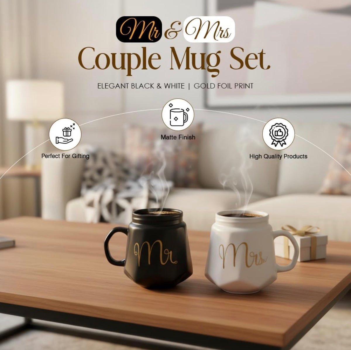 Mr & Mrs Coffee Mug Set with Lid | Black & White Ceramic Couple Mug Combo | Tea & Coffee Cups for Couples | Gift Set for Him & Her