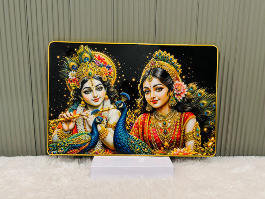 Crystal embedded Radha Krishna portrait with peacock, 12 by 18 inch frame