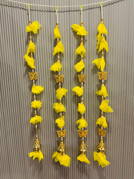 Yellow butterfly design door hanging pair with fabric flowers and bells