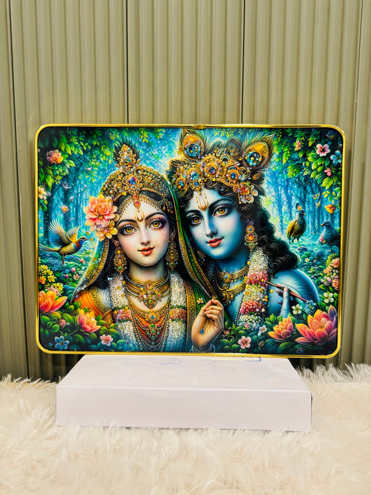 Crystal embedded Radha Krishna floral portrait wall painting framed in gold