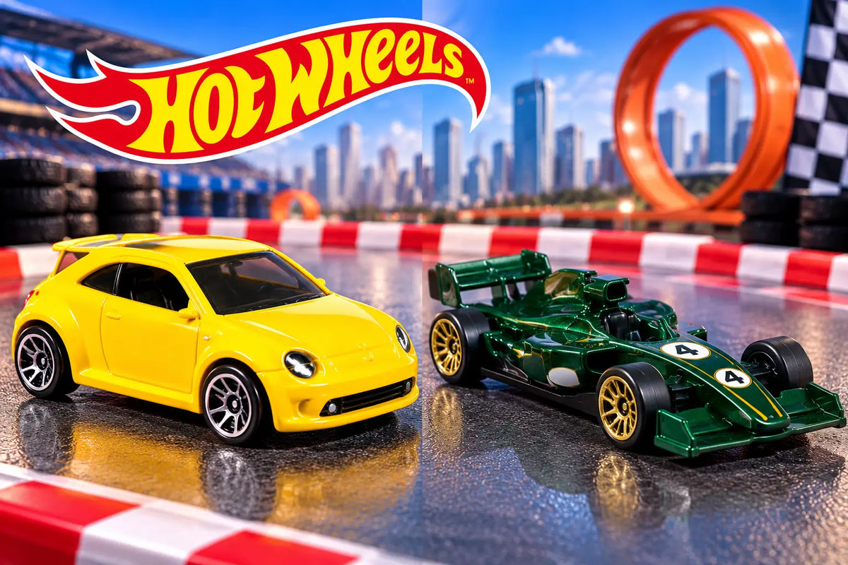 Hot Wheels toy cars on a colorful racing track