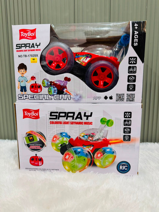 Spray stunt car boxes showing a red rolling car above artwork