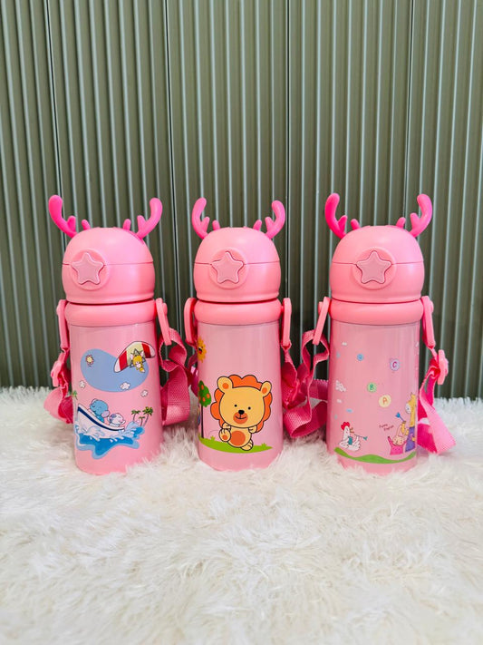 Three pink reindeer antler 500ml bottles with shoulder straps