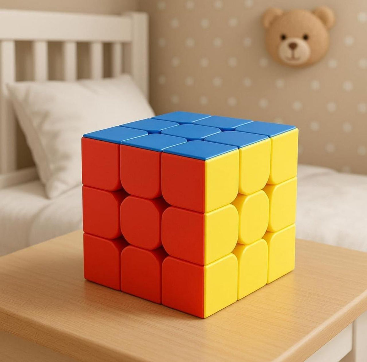 Stickerless 3x3 magic cube on a wooden bedside table