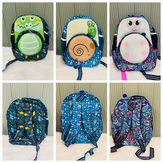 Toddler backpacks in dinosaur, snail and cow designs shown front and back