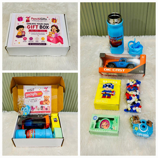 Open gift box with blue bottle, toy car, bricks box and camera keychains inside