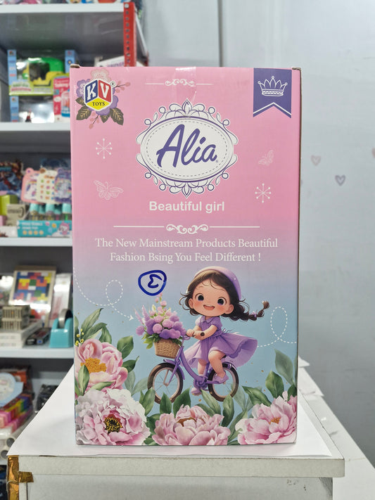 Back of the princess doll box with illustrated girl on a bicycle