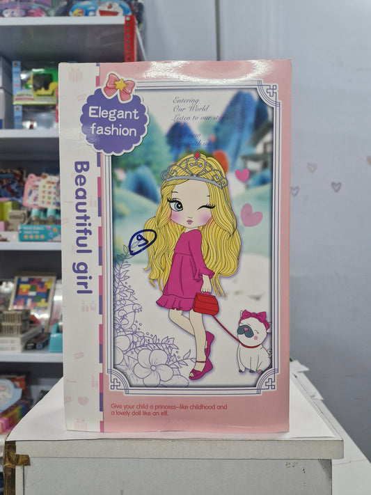 Back of the fashion doll box with illustrated girl and pet artwork