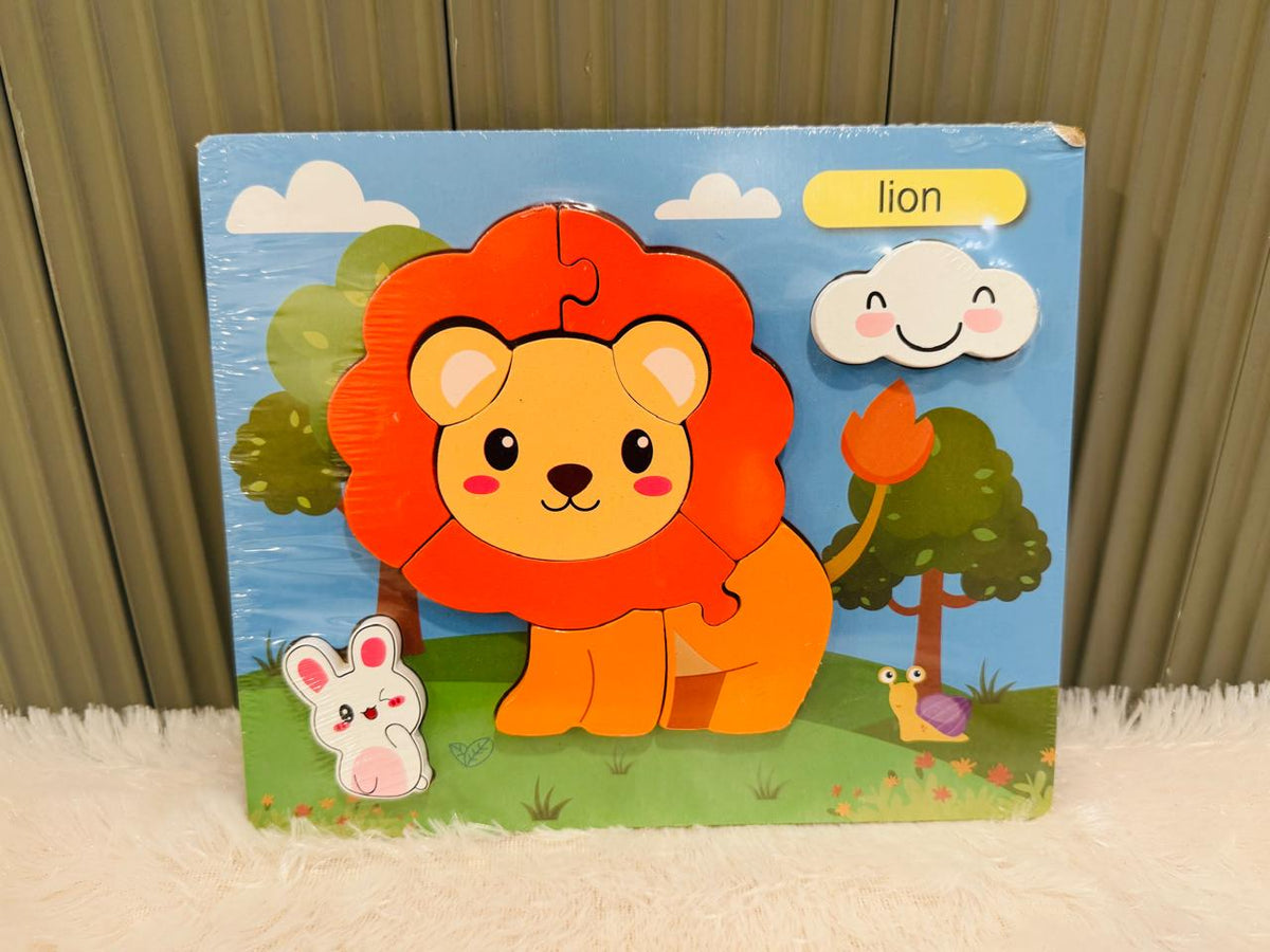 Wooden lion jigsaw puzzle board with tree and cloud artwork
