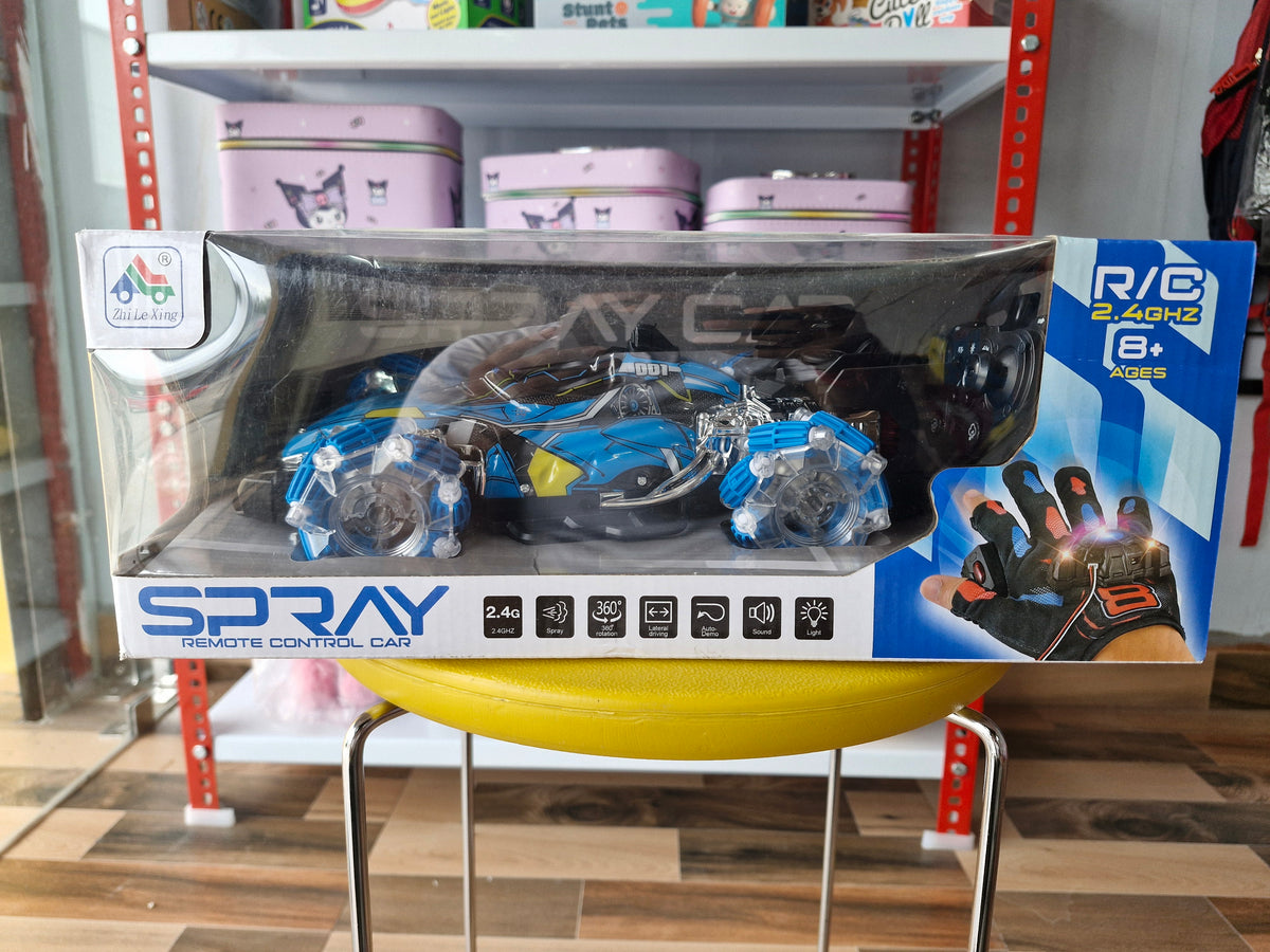 Blue spray drift remote control car in its long window display box