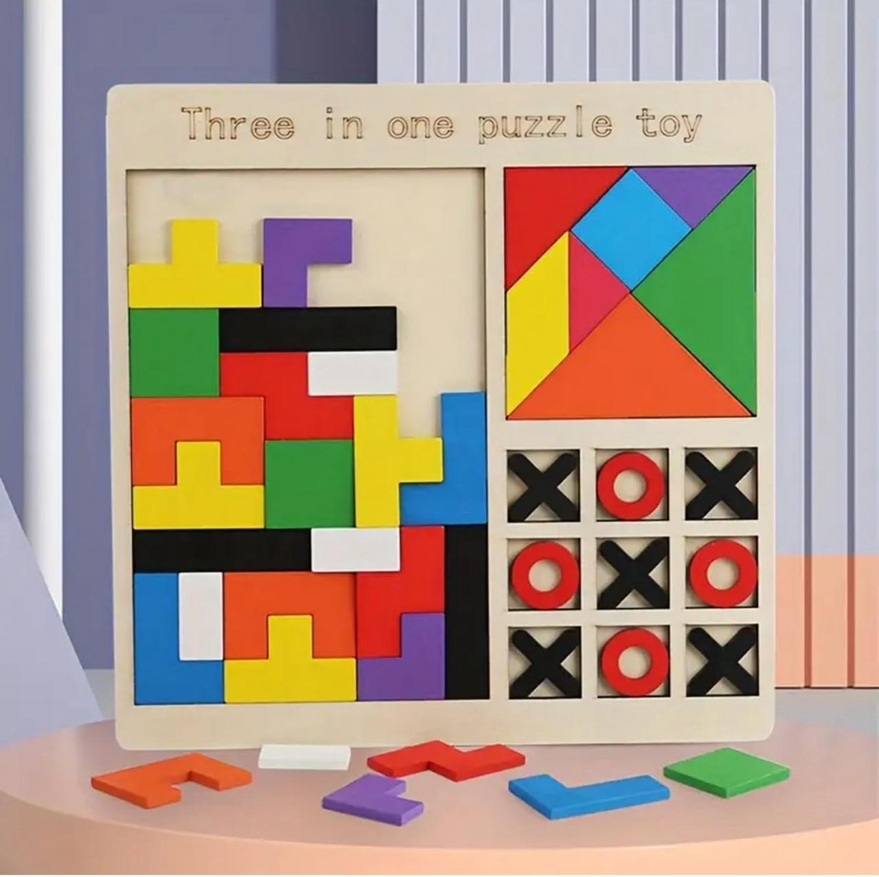 Wooden Puzzle Toy for Kids | 3-in-1 | Tetris, Tangram, Tic Tac Toe Board