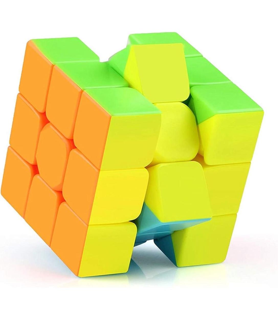 Orange, green and yellow stickerless speed cube twisted mid turn