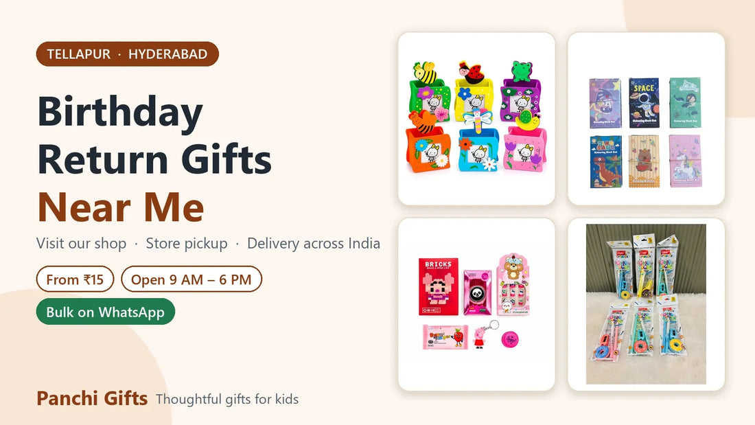 Birthday return gifts near me at Panchi Gifts, Tellapur, Hyderabad: wooden pen stands, colouring book sets, a kids return gift hamper and Flair stationery kits
