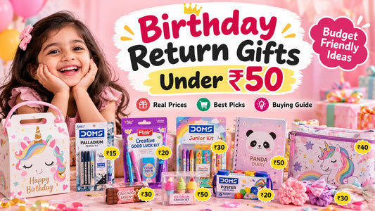 Birthday return gifts under ₹50 for kids, including stationery kits, erasers, a panda diary and affordable gift pouches from Panchi Gifts.