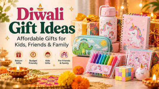 Diwali gift ideas for kids, friends and family featuring affordable stationery gifts, colourful school supplies, water bottles, notebooks and budget-friendly return gifts for Diwali
