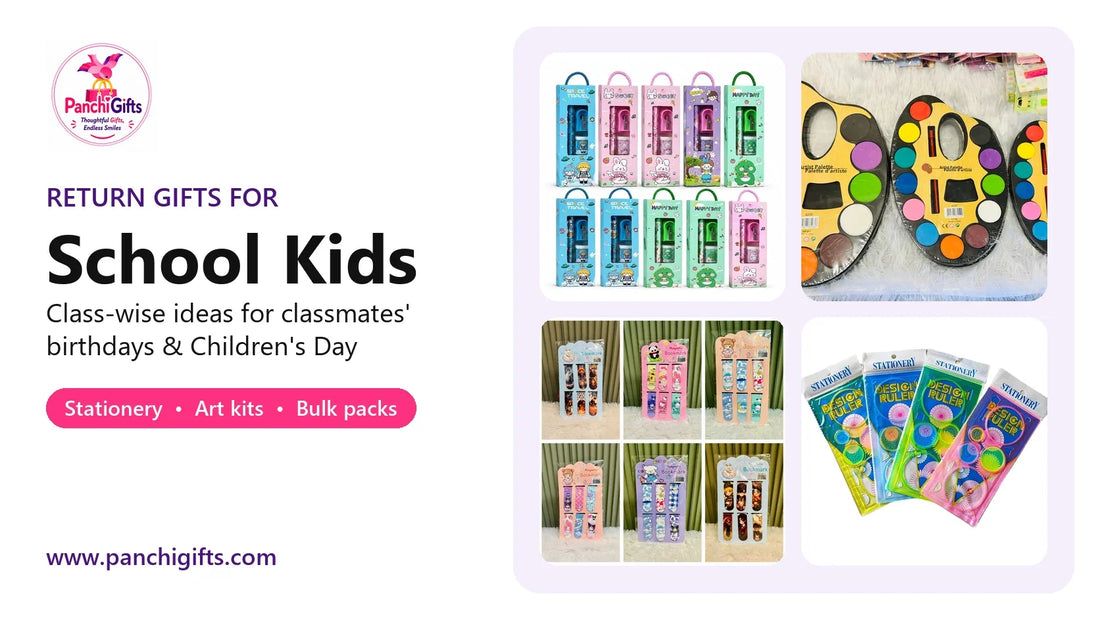 Return gifts for school kids from Panchi Gifts: boxed stationery sets, water colour plates, magnetic bookmarks and design rulers