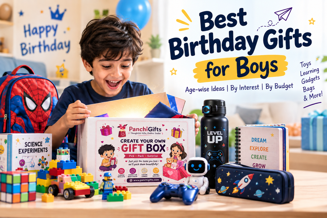 Best birthday gifts for boys featuring a Panchi Gifts box with toys, educational activities, gadgets, stationery and school accessories