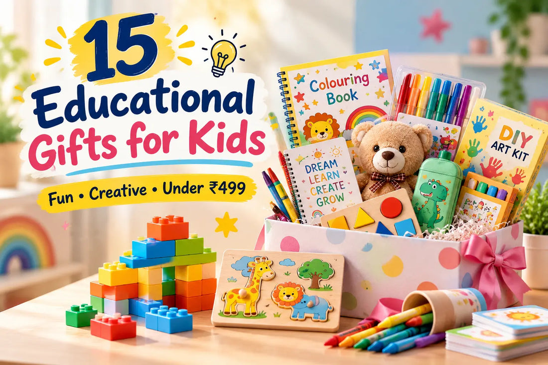 Educational gifts for kids including building blocks, colouring supplies, puzzles and DIY art kits