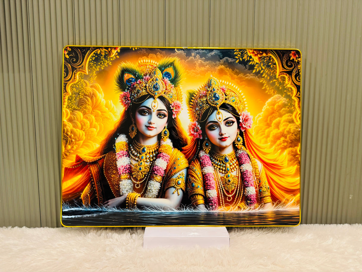 Crystal embedded Radha Krishna portrait in warm golden tones