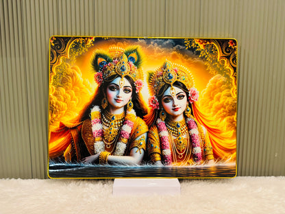 Crystal embedded Radha Krishna portrait in warm golden tones