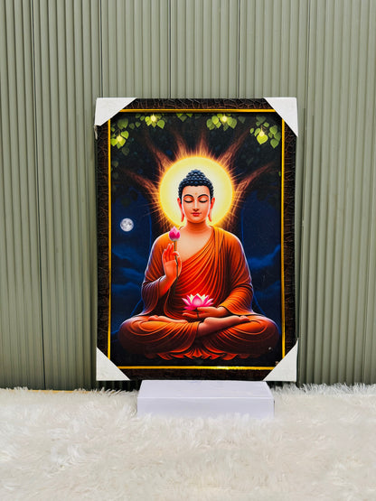 Golden framed Buddha wall painting with a glowing halo on a stand