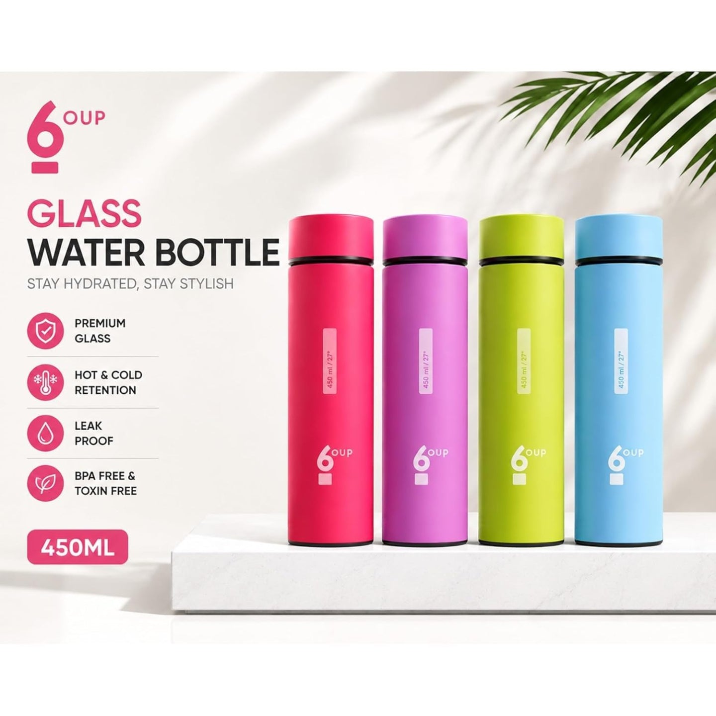 6oup glass water bottle feature graphic highlighting leak proof glass design