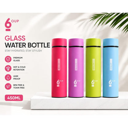 6oup glass water bottle feature graphic highlighting leak proof glass design