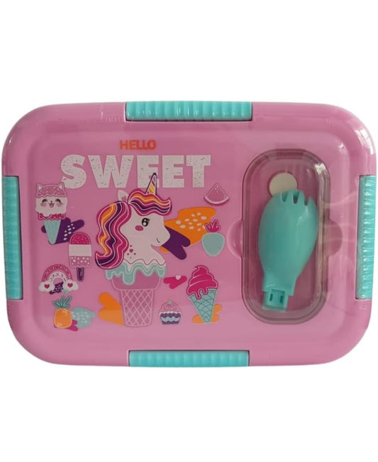 Pink unicorn print lunch box with Hello Sweet slogan and spork