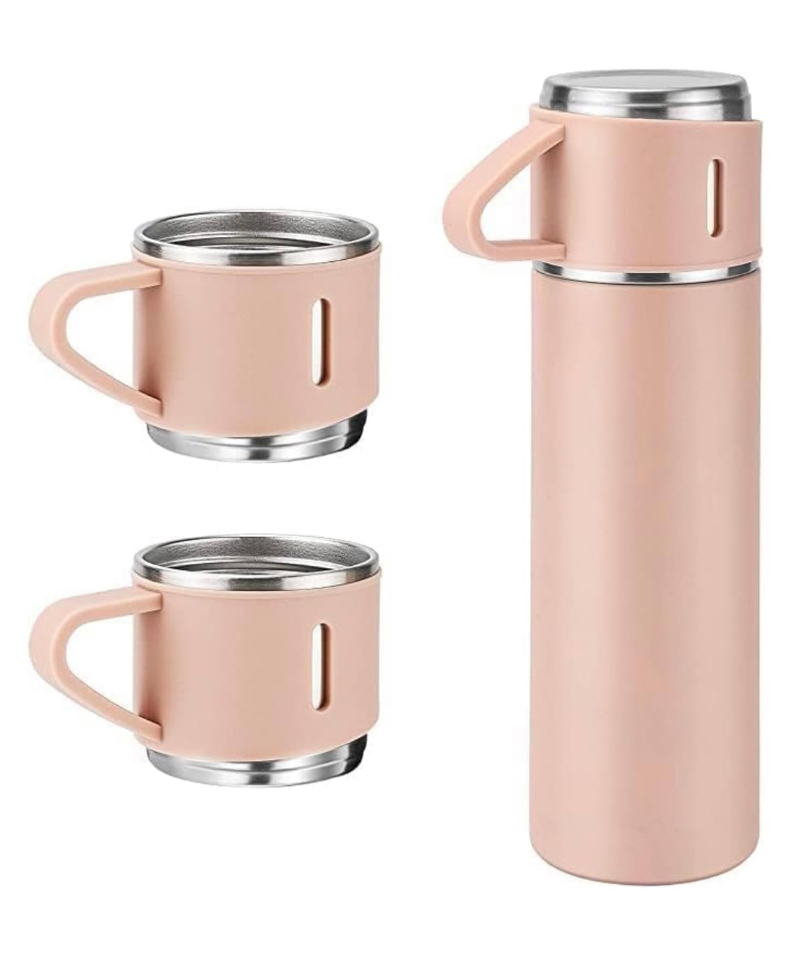 Rose gold vacuum flask shown with its two stacking cups