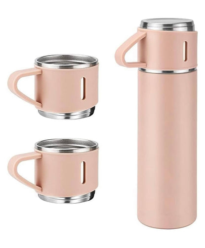 Rose gold vacuum flask shown with its two stacking cups