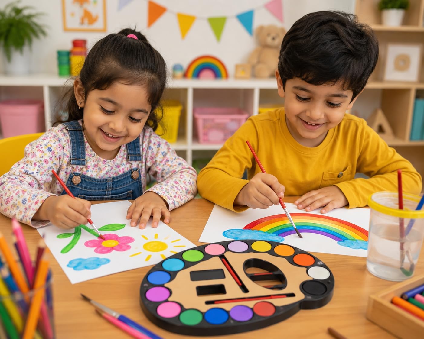 Two children painting flowers and rainbows with oval watercolour palettes