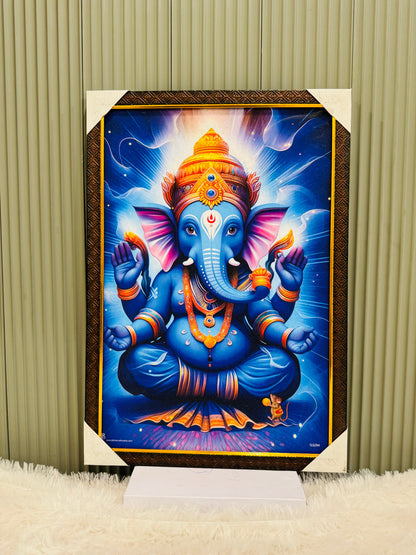 Golden framed Ganesha wall painting in blue tones on a display stand