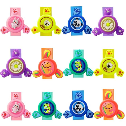 Slap band spinner bracelets with animal faces in pink, yellow, blue and green
