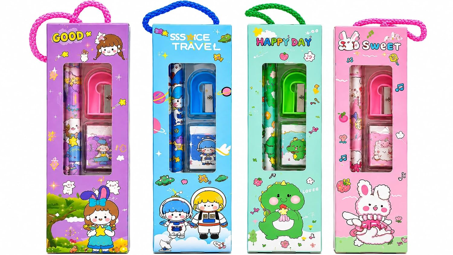 Four themed stationery gift packs with rope handles standing upright